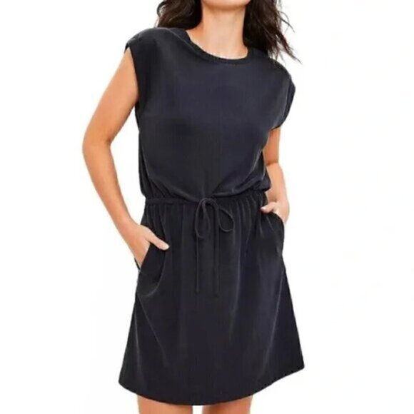 ANN TAYLOR LOFT Outlet Solid Black Cuffed Short Sleeve Drawstring Waist Dress XS - Picture 1 of 14